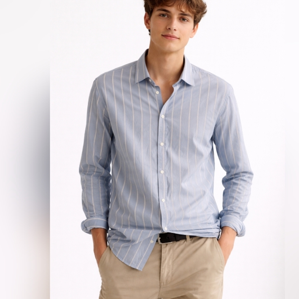 H&M  Blue Men Medium Shirt with White Vertical Stripes 100% Cotton Regular Fit